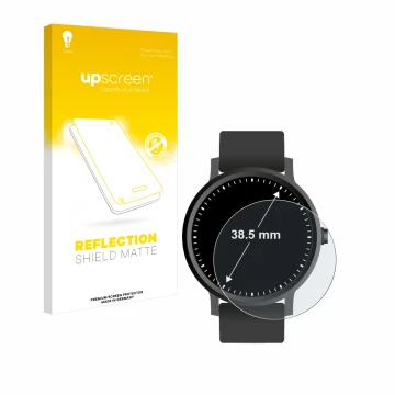 Front side of a product packaging with the brand logo upscreen. Next to it is the device Watches (Circular, ø: 38.5 mm) shown 