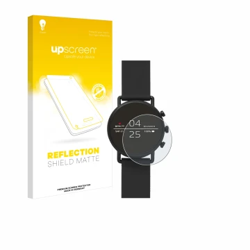 Front side of a product packaging with the brand logo upscreen. Next to it is the device Skagen Smartwatch Falster 2 shown wit