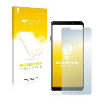 Front side of a product packaging with the brand logo upscreen. Next to it is the device Samsung Galaxy A9 2018 shown with the