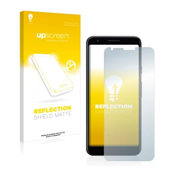 Front side of a product packaging with the brand logo upscreen. Next to it is the device Google Pixel 3a XL shown with the cor