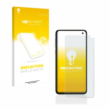 Front side of a product packaging with the brand logo upscreen. Next to it is the device Samsung Galaxy S10e shown with the co