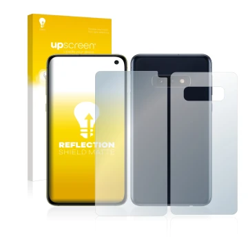 Front side of a product packaging with the brand logo upscreen. Next to it is the device Samsung Galaxy S10e (Front+Back) show