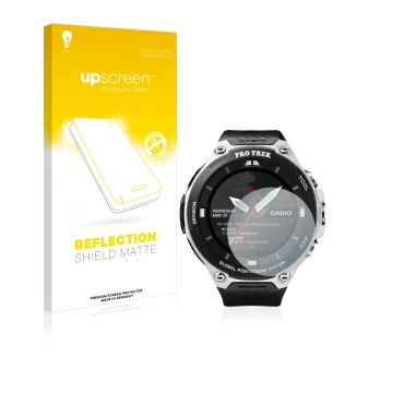 Front side of a product packaging with the brand logo upscreen. Next to it is the device Casio Pro Trek Smart WSD-F20 shown wi