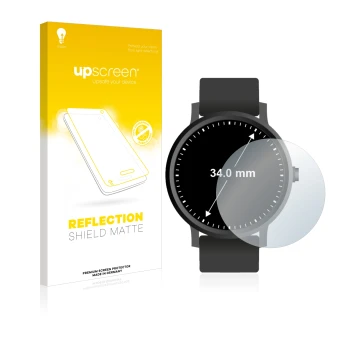 Front side of a product packaging with the brand logo upscreen. Next to it is the device Circular Displays (ø: 34 mm) shown wi