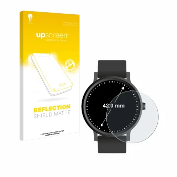 Front side of a product packaging with the brand logo upscreen. Next to it is the device Circular Displays (ø: 42 mm) shown wi