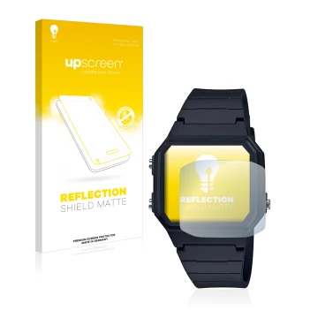Front side of a product packaging with the brand logo upscreen. Next to it is the device Casio Unisex A168WA-1YES shown with t