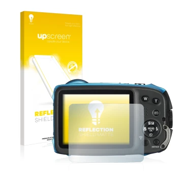 Front side of a product packaging with the brand logo upscreen. Next to it is the device Fujifilm FinePix XP140 shown with the