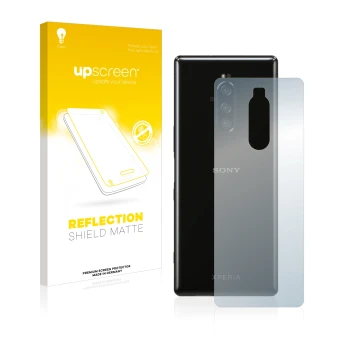 Front side of a product packaging with the brand logo upscreen. Next to it is the device Sony Xperia 1 (Back) shown with the c