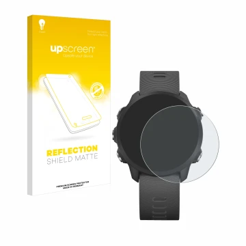 Front side of a product packaging with the brand logo upscreen. Next to it is the device Garmin Forerunner 245 Music shown wit
