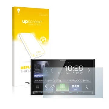 Front side of a product packaging with the brand logo upscreen. Next to it is the device Kenwood DMX7017DABS shown with the co