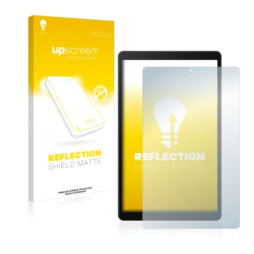 Front side of a product packaging with the brand logo upscreen. Next to it is the device Samsung Galaxy Tab A 10.1 2019 shown 