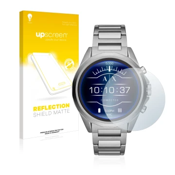 Front side of a product packaging with the brand logo upscreen. Next to it is the device Emporio Armani Connected Exchange AXT