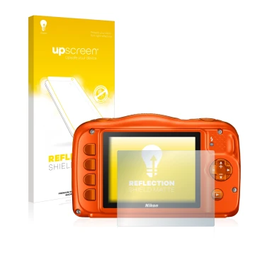 Front side of a product packaging with the brand logo upscreen. Next to it is the device Nikon Coolpix W150 shown with the cor