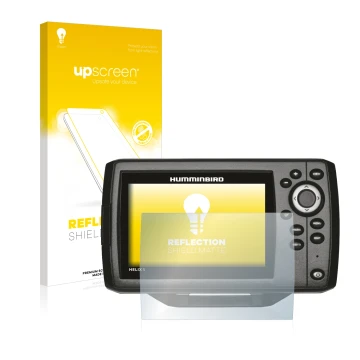 Front side of a product packaging with the brand logo upscreen. Next to it is the device Humminbird Helix 5 shown with the cor