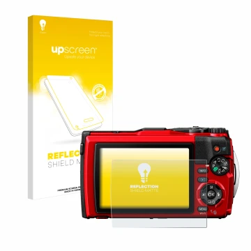 Front side of a product packaging with the brand logo upscreen. Next to it is the device Olympus Tough TG-6 shown with the cor