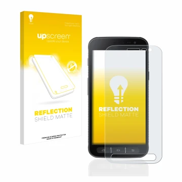 Front side of a product packaging with the brand logo upscreen. Next to it is the device Samsung Galaxy XCover 4s shown with t