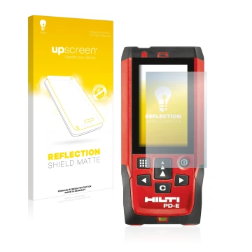 Front side of a product packaging with the brand logo upscreen. Next to it is the device Hilti PD-E shown with the correspondi