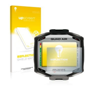 Front side of a product packaging with the brand logo upscreen. Next to it is the device Mares Quad Air shown with the corresp