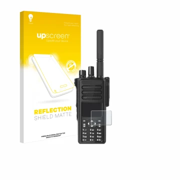 Front side of a product packaging with the brand logo upscreen. Next to it is the device Motorola DP4801e shown with the corre