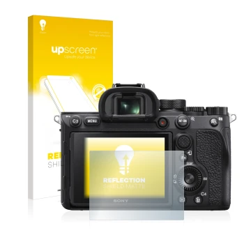 Front side of a product packaging with the brand logo upscreen. Next to it is the device Sony Alpha 7R IV shown with the corre
