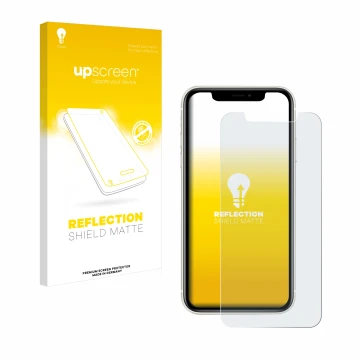 Front side of a product packaging with the brand logo upscreen. Next to it is the device Apple iPhone 11 shown with the corres