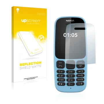 Front side of a product packaging with the brand logo upscreen. Next to it is the device Nokia 105 2019 shown with the corresp