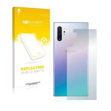 Front side of a product packaging with the brand logo upscreen. Next to it is the device Samsung Galaxy Note 10 Plus (Back) sh