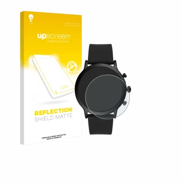 Front side of a product packaging with the brand logo upscreen. Next to it is the device Fossil The Carlyle HR (5.Gen) shown w