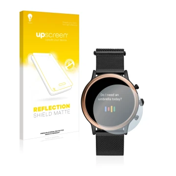 Front side of a product packaging with the brand logo upscreen. Next to it is the device Fossil Julianna HR (5.Gen) shown with