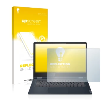 Front side of a product packaging with the brand logo upscreen. Next to it is the device Lenovo IdeaPad C340 14