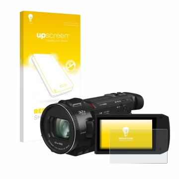 Front side of a product packaging with the brand logo upscreen. Next to it is the device Panasonic HC-VXF11 shown with the cor