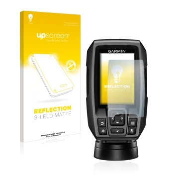 Front side of a product packaging with the brand logo upscreen. Next to it is the device Garmin Striker 4 shown with the corre