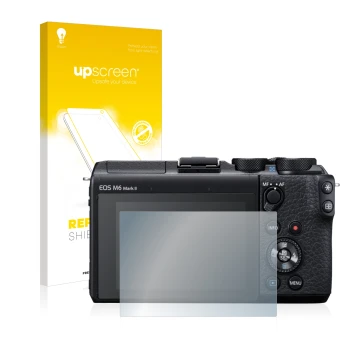 Front side of a product packaging with the brand logo upscreen. Next to it is the device Canon EOS M6 Mark II shown with the c