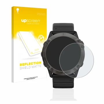 Front side of a product packaging with the brand logo upscreen. Next to it is the device Garmin Fenix 6X Pro shown with the co
