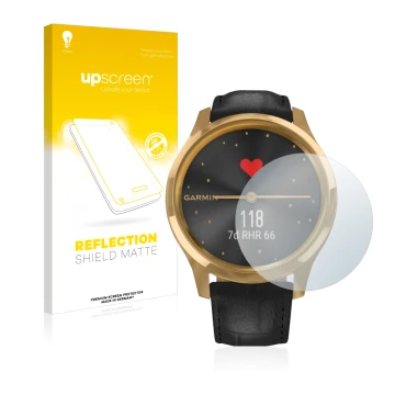Front side of a product packaging with the brand logo upscreen. Next to it is the device Garmin vivomove Luxe (42 mm) shown wi
