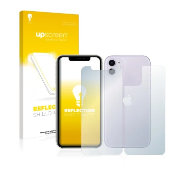 Front side of a product packaging with the brand logo upscreen. Next to it is the device Apple iPhone 11 (Front+Back) shown wi