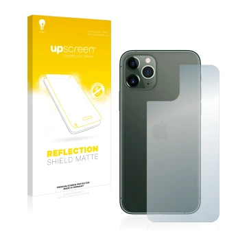 Front side of a product packaging with the brand logo upscreen. Next to it is the device Apple iPhone 11 Pro (Back) shown with