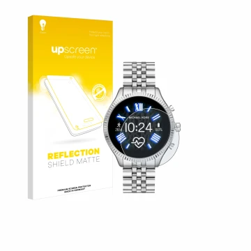 Front side of a product packaging with the brand logo upscreen. Next to it is the device Michael Kors Access Lexington 2 shown