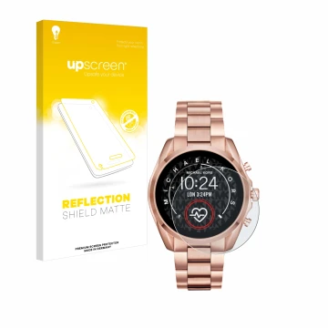 Front side of a product packaging with the brand logo upscreen. Next to it is the device Michael Kors Access Bradshaw 2 shown 