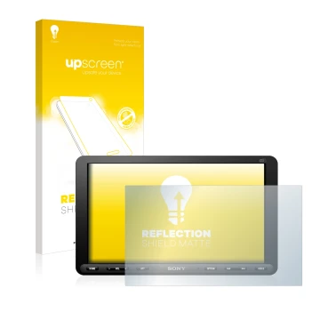 Front side of a product packaging with the brand logo upscreen. Next to it is the device Sony XAV-AX8050D shown with the corre