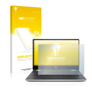 Front side of a product packaging with the brand logo upscreen. Next to it is the device HP Pavilion x360 (14-dhX) shown with 