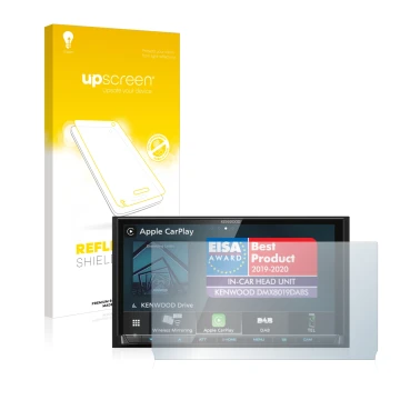 Front side of a product packaging with the brand logo upscreen. Next to it is the device Kenwood DMX8019DABS (with cutout) sho