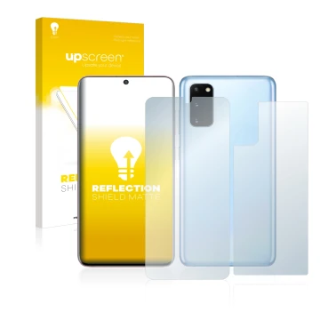 Front side of a product packaging with the brand logo upscreen. Next to it is the device Samsung Galaxy S20 (Front+Back) shown