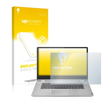 Front side of a product packaging with the brand logo upscreen. Next to it is the device Lenovo IdeaPad C340 15