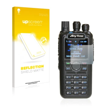 Front side of a product packaging with the brand logo upscreen. Next to it is the device AnyTone AT-D878UV shown with the corr