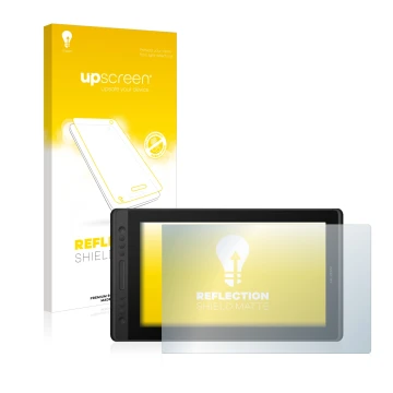 Front side of a product packaging with the brand logo upscreen. Next to it is the device Huion Kamvas Pro 16 Premium shown wit