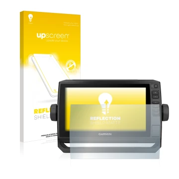 Front side of a product packaging with the brand logo upscreen. Next to it is the device Garmin ECHOMAP UHD 92sv shown with th