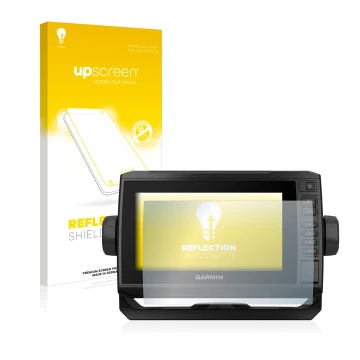 Front side of a product packaging with the brand logo upscreen. Next to it is the device Garmin ECHOMAP UHD 72cv shown with th