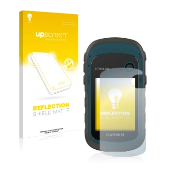 Front side of a product packaging with the brand logo upscreen. Next to it is the device Garmin eTrex 22x shown with the corre