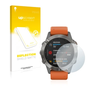 Front side of a product packaging with the brand logo upscreen. Next to it is the device Garmin Fenix 6 shown with the corresp